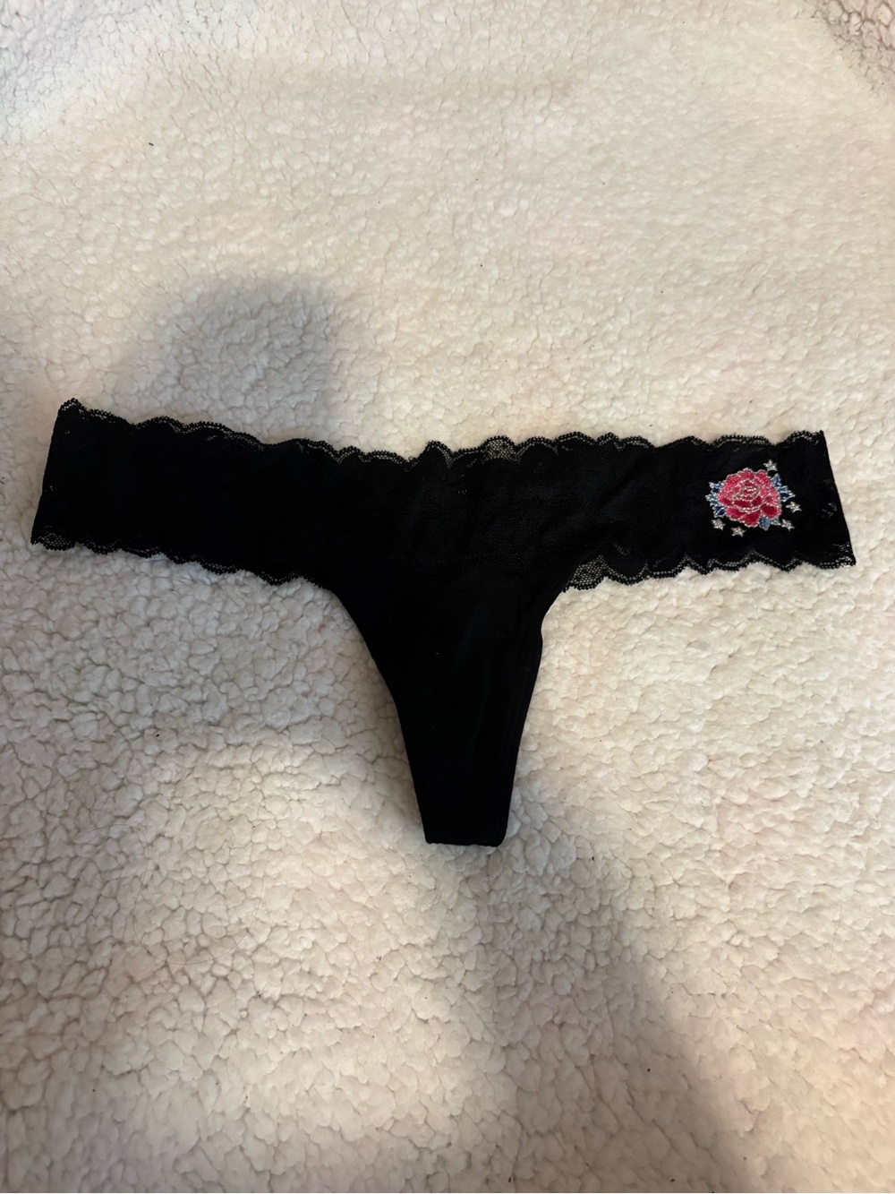 PINK Victoria's Secret Black Thong with Pink Rose Embroidery